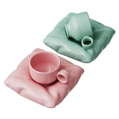 Pink And Light Green Ceramic Cups On Soft Square Cushions With Wavy Edges 3d model