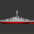 Warship Model with White Hull Red Bottom Multiple Turrets and Superstructure