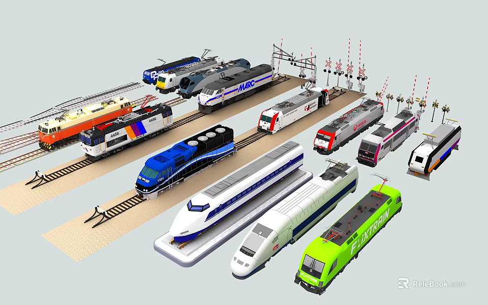 Various Types of Colorful Train Models Displayed on Tracks with Different Designs 3d model 