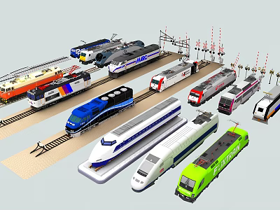 Various Types of Colorful Train Models Displayed on Tracks with Different Designs 3d model