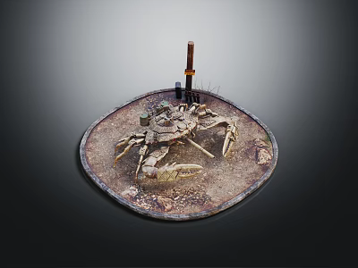 Crab and Fisherman's Knife on Round Platter with Dirt and Grass 3d model
