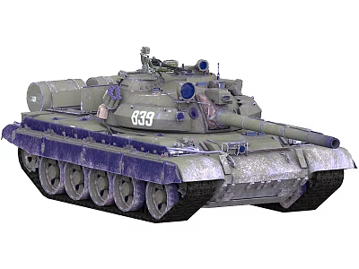 Military Tank With Number 833 Green And Purple Camouflage Tracks And Cannon 3d model