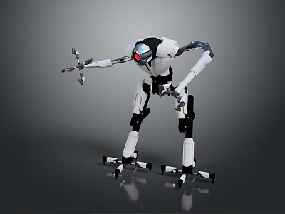Smart Robot With Mechanical Arms Standing On Metallic Base And Red Sensors 3d model