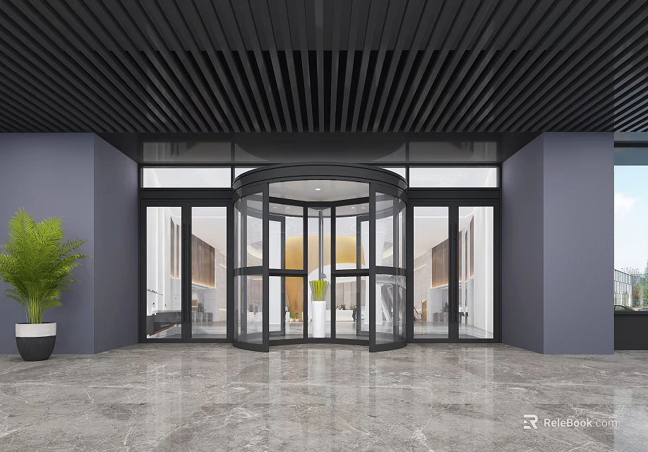 Modern Building Entrance With Revolving Door Black Ceiling Gray Walls And Marble Floor 3d model 