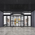 Modern Building Entrance With Revolving Door Black Ceiling Gray Walls And Marble Floor