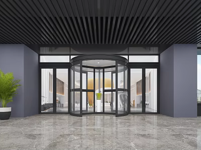 Modern Building Entrance With Revolving Door Black Ceiling Gray Walls And Marble Floor 3d model