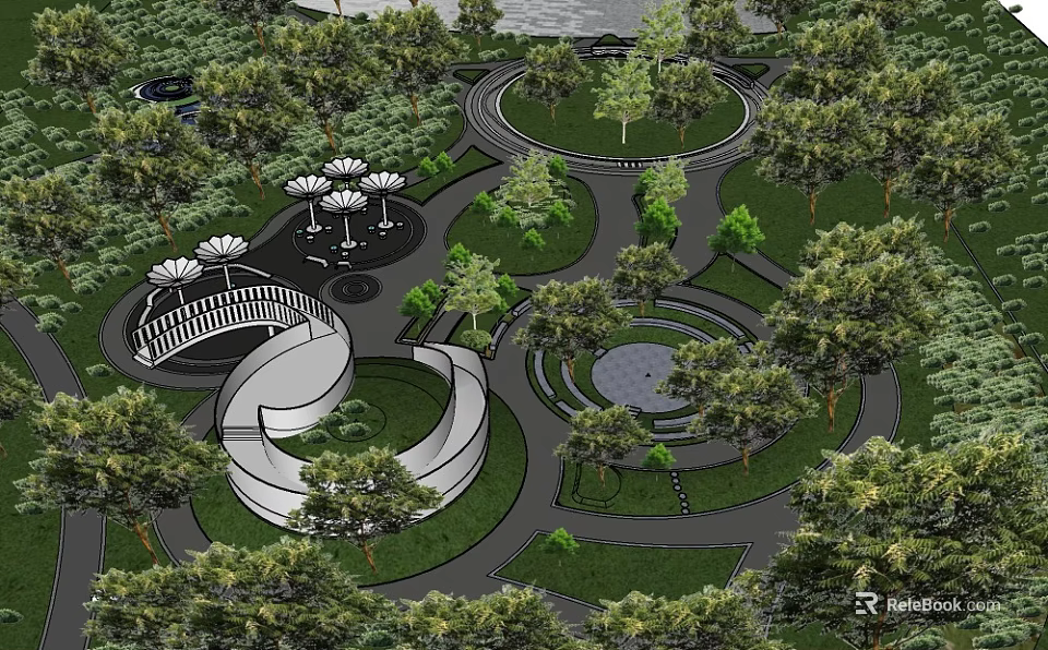 Waterfront Landscape Design Featuring Circular Paths Trees Bridge Round Plaza And Green Spaces 3d model 