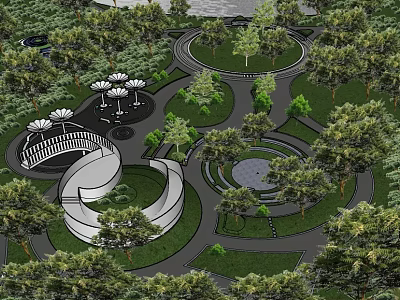 Waterfront Landscape Design Featuring Circular Paths Trees Bridge Round Plaza And Green Spaces 3d model
