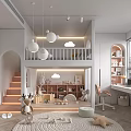 Kids Room With Loft Bed Cloud Decor Wooden Shelves Study Desk Pastel Gray Play Mat