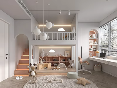 Kids Room With Loft Bed Cloud Decor Wooden Shelves Study Desk Pastel Gray Play Mat 3d model