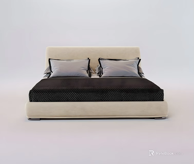 Modern Double Bed With Beige Headboard Black Mattress And Gray Pillows 3d model 