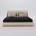 Modern Double Bed With Beige Headboard Black Mattress And Gray Pillows