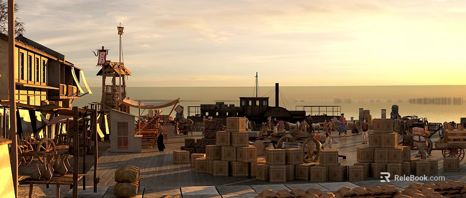 Rustic Swing Door in Seaport Scene with Wooden Crates Sacks Carts and Sunset Sky 3d model 