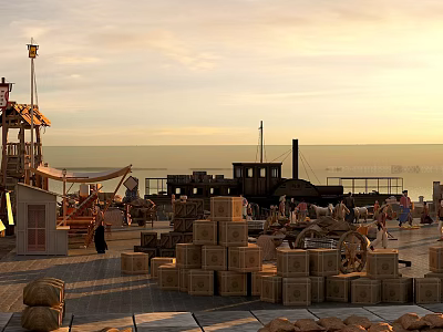 Rustic Swing Door in Seaport Scene with Wooden Crates Sacks Carts and Sunset Sky 3d model