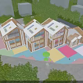 School Building with Colorful Playground Connected Structures Skylight Roofs Green Trees and Children Playing