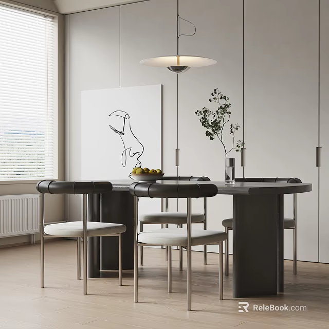 Modern Round Dining Table Set With Black White Chairs Ceiling Lamp Painting Plant Window 3d model 