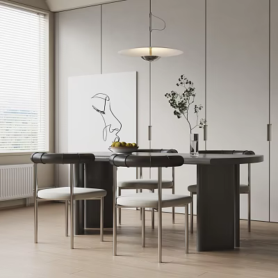 Modern Round Dining Table Set With Black White Chairs Ceiling Lamp Painting Plant Window 3d model