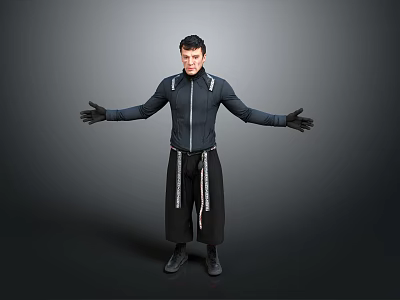 Male in Black Hooded Jacket With Gloves Standing Arms Outstretched Gray Background 3d model