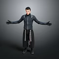 Male in Black Hooded Jacket With Gloves Standing Arms Outstretched Gray Background