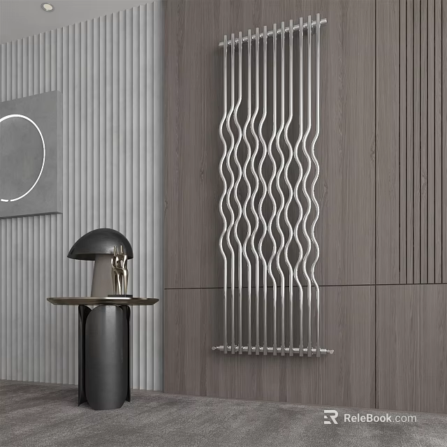 Elegant Modern Wavy Metallic Radiator In Contemporary Home Interior With Gray Wooden Wall 3d model 