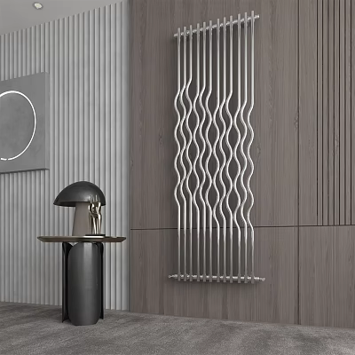 Elegant Modern Wavy Metallic Radiator In Contemporary Home Interior With Gray Wooden Wall 3d model