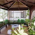 Garden Pavilion With Brown Roof Wooden Floor Columns Railing And Surrounding Green Plants