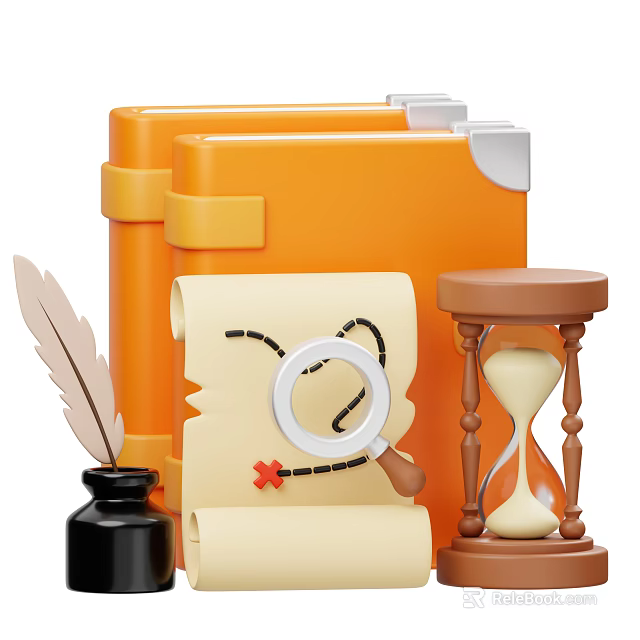 Vintage Exploration Theme With Orange Case Feather Quill Scroll Magnifying Glass Hourglass And Ink Bottle 3d model 