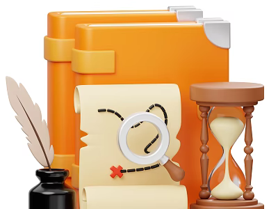 Vintage Exploration Theme With Orange Case Feather Quill Scroll Magnifying Glass Hourglass And Ink Bottle 3d model