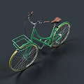 Green Vintage Bicycle With Brown Seat Front Basket And Gold Wheels