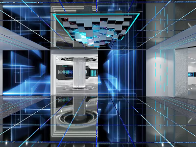 Futuristic Digital Space With Blue Grid Lines Reflective Floor And Central Structure 3d model
