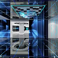 Futuristic Digital Space With Blue Grid Lines Reflective Floor And Central Structure