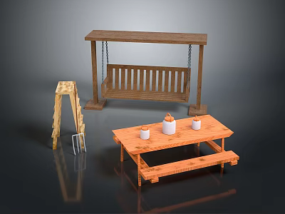 Wooden Outdoor Living Furniture Set With Swing Table Bench Ladder And Containers 3d model