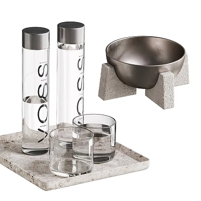 Minimalist Decorative Ornaments Set with Transparent Glass Containers Silver Metal Bowl Stone Stands And Tray 3d model