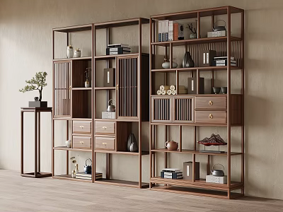 Traditional Chinese Wooden Display Shelves With Multi Tier Storage And Decorative Items 3d model