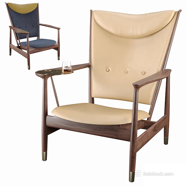 Beige And Navy Blue Accent Chairs With Leather Upholstery Wooden Frame And Side Tray 3d model 