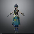 3D Anime Character With Blue Hair Black Outfit Green Accents And Weapons