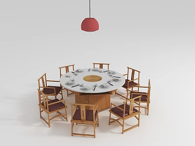 Round Wooden Dining Table Set With Chairs Dark Cushions Red Pendant Light And Tableware 3d model