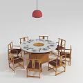 Round Wooden Dining Table Set With Chairs Dark Cushions Red Pendant Light And Tableware