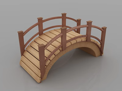 Wooden Arched Bridge with Traditional Railings and Natural Wood Planks for Garden Landscape 3d model
