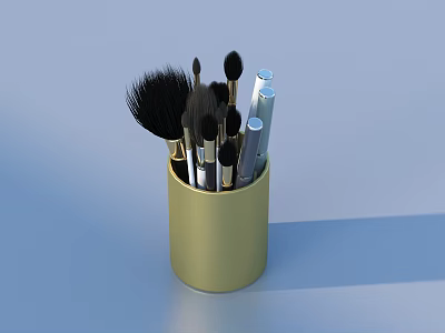 Stylish Gold Container Holding Makeup Brushes And Perfume Bottles For Beauty Essentials 3d model