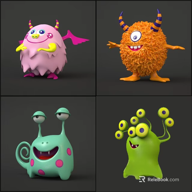 Cute Colorful Monster Plush Toys With Wings Fluffy Texture Snail Shell And Multiple Eyes 3d model 