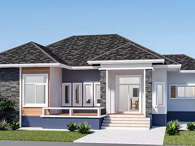 Modern Single Family Detached House With Dark Roof Tiles Stone Accents Front Porch And Landscaping 3d model