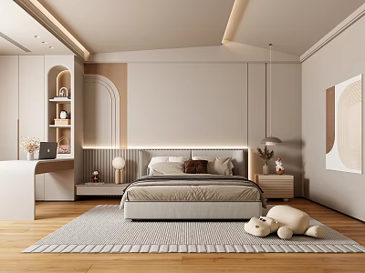 Sleek Modern Bedroom With Platform Bed Wooden Flooring Area Rug And Wall Art 3d model
