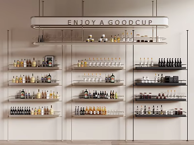 Cafe Shelving Unit With Multiple Layers Displaying Bottled Items And Enjoy A Good Cup Sign 3d model