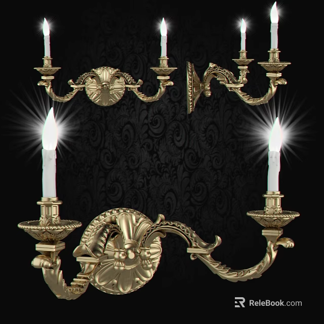 Ornate Golden Wall Sconce With Candle Shaped Lights And Decorative Design 3d model 