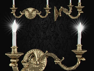 Ornate Golden Wall Sconce With Candle Shaped Lights And Decorative Design 3d model