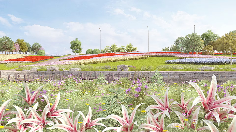 Beautiful Park Landscape With Colorful Flowers Green Lawn Stone Wall Street Lamps And Trees 3d model 