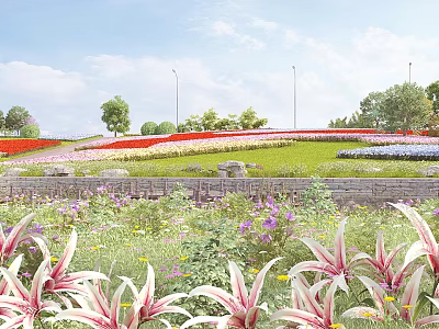 Beautiful Park Landscape With Colorful Flowers Green Lawn Stone Wall Street Lamps And Trees 3d model