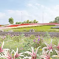 Beautiful Park Landscape With Colorful Flowers Green Lawn Stone Wall Street Lamps And Trees