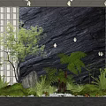 Indoor Landscape With Black Stone Wall Green Plants Ferns And White Lattice